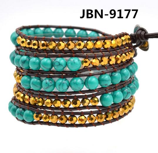 Wholesale blue turquoise 5 wrap leather bracelet