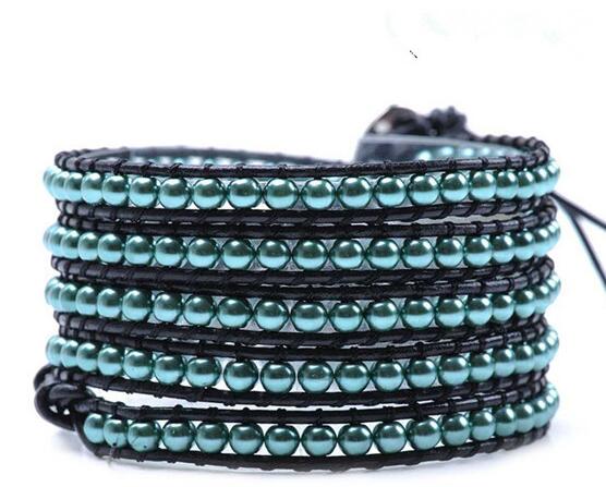 Wholesale blue pearl 5 wrap leather bracelet