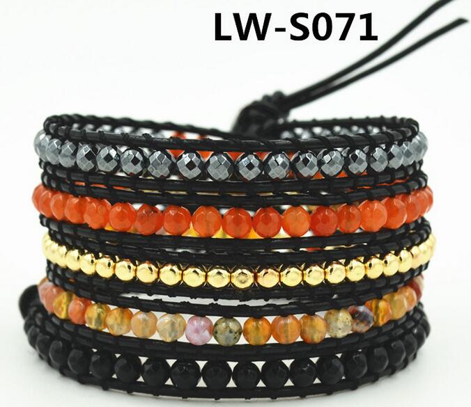 Wholesale black color carnelian 5 wrap leather bracelet