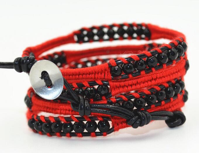 Wholesale black color canelian 5 wrap leather bracelet on black leather and red rope
