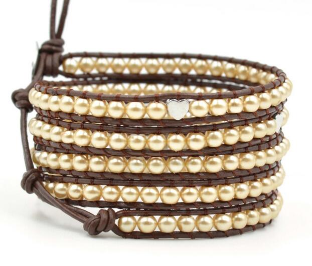 Wholesale beige color pearl 5 wrap leather bracelet 