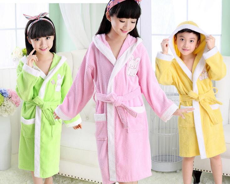 Purple and green and yellow color cotton bathrobe for children swimming or bath