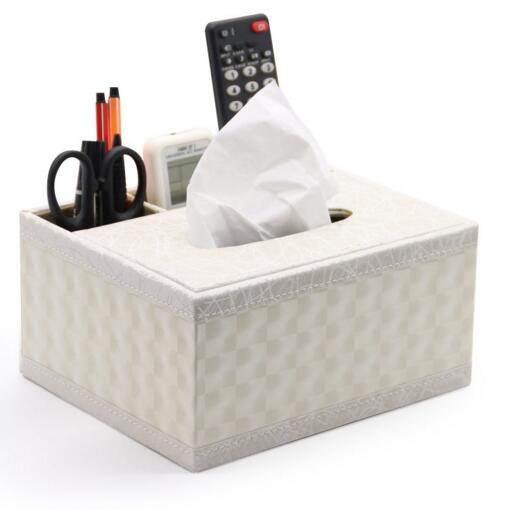 High quality white color leather tv controller and tissue storage box and desktop organizer